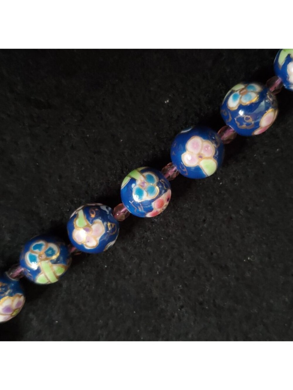 Vintage Beaded Necklace Hand Painted Blue Floral Flapper Opera 56"